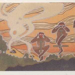 Carte postale art nouveau, art japonais, trois singes, moderne R000834