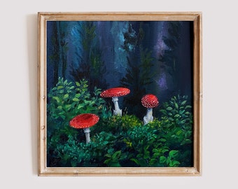 Original Painting, Dark Spooky Moss and Mushrooms, Forest Floor, Oil on Panel 8x8 inches