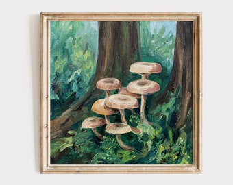 Small Original Forest Painting, Moss and Mushrooms, Forest Floor Whimsigoth, Oil on Canvas Panel,  8x8 inches