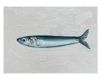 Sardine Still Life pittura a olio 5x7" su pannello tela, arte del pesce, opera d'arte della cucina di campagna francese, design degli interni del bagno nautico