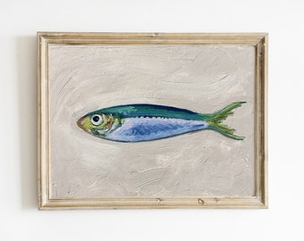 Blue Sardine Painting, Original Painting, Small Fish Still Life, Kitchen Art, 5x7 oil on paper