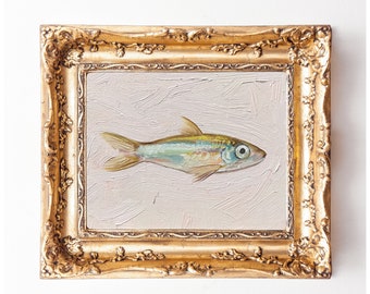 Gold Sardine Pink Background Painting, Original Painting, Small Fish Still Life, Kitchen Art, 5x7 oil on canvas panel