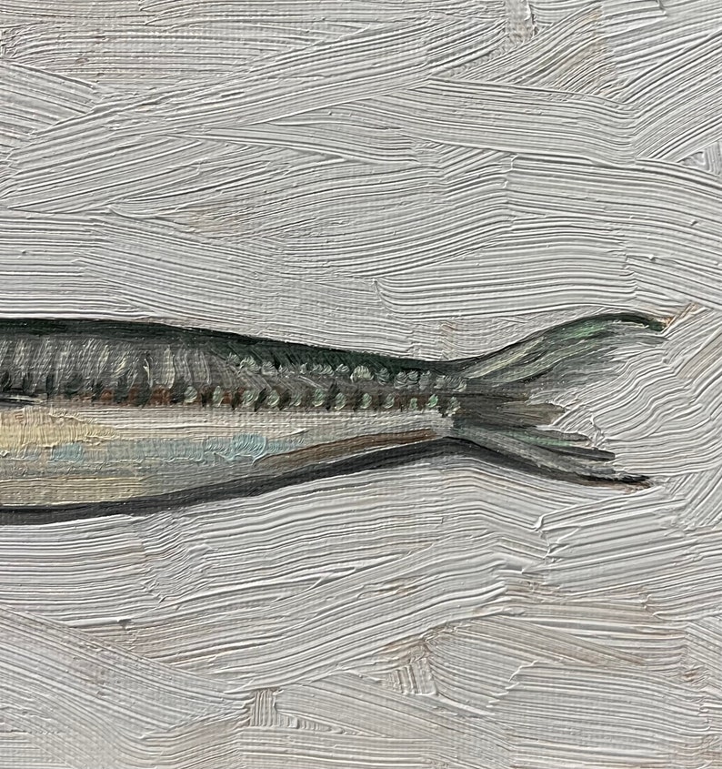 Sardine Painting 5x7, Original Painting, Small Fish Still Life, Kitchen Art, oil on canvas panel image 4