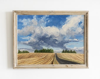 The Road, 6x8” Original Oil Painting, Landscape Field with Billowing Clouds, Oil on Panel, Hand Painted