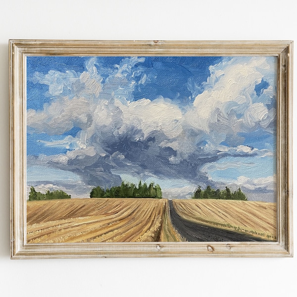 The Road, 6x8” Original Oil Painting, Landscape Field with Billowing Clouds, Oil on Panel, Hand Painted