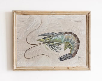 Original Shrimp Painting 5x7", Original Oil, Small Sea Still Life, Kitchen Art, oil on canvas panel