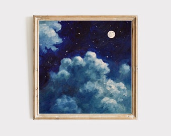 Celestial night stars, 6x6" clouds square, original oil painting, oil on paper