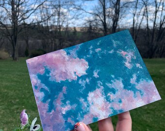 雲の絵、ピンクと紫の空。オリジナルの油絵、5x7 油絵パネル