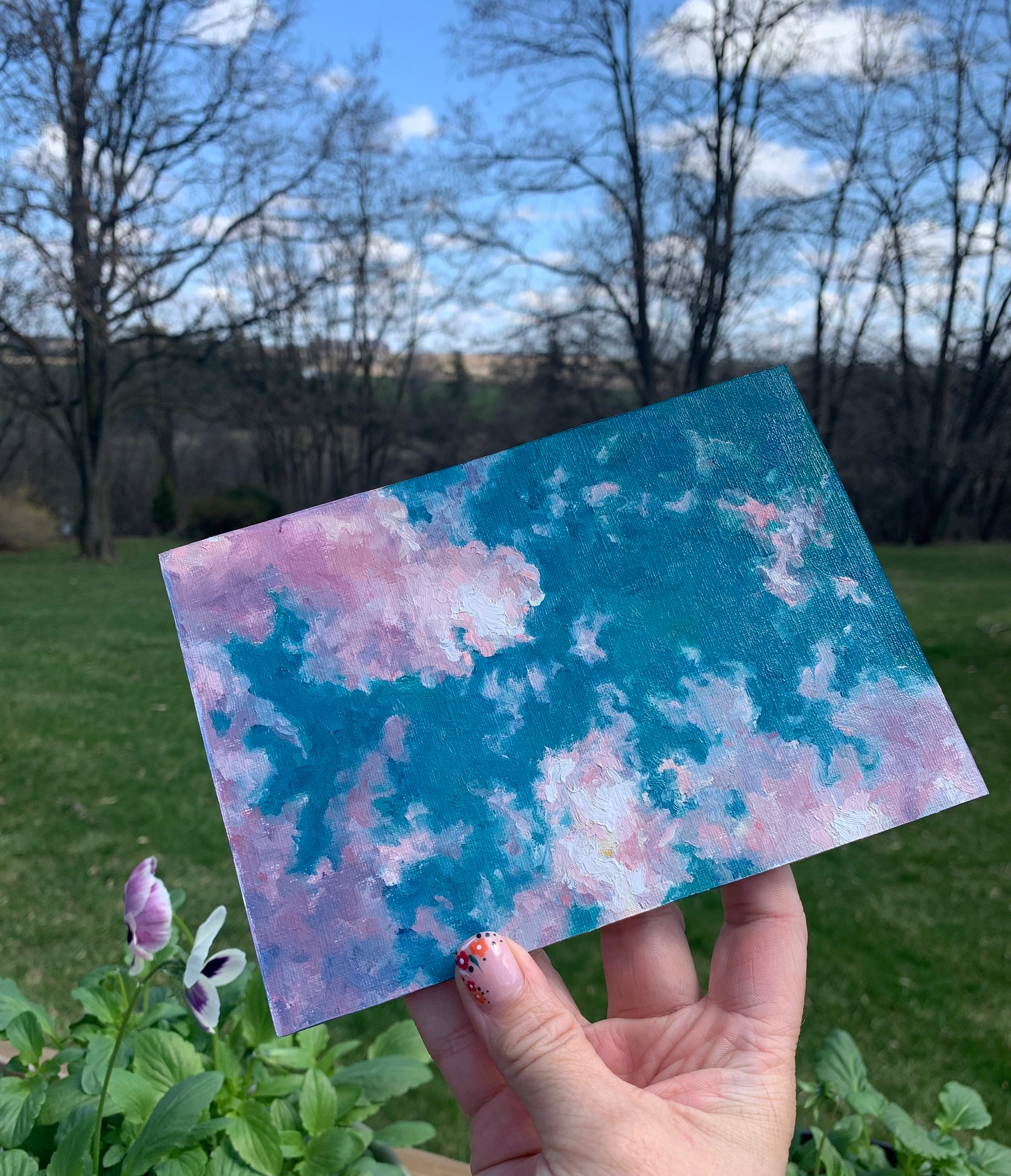 雲の絵、ピンクと紫の空。オリジナルの油絵、5x7 油絵パネル