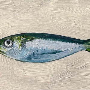 Sardine Painting 4x6, Original Painting, Small Fish Still Life Kitchen Art, 4x6 oil on paper image 3