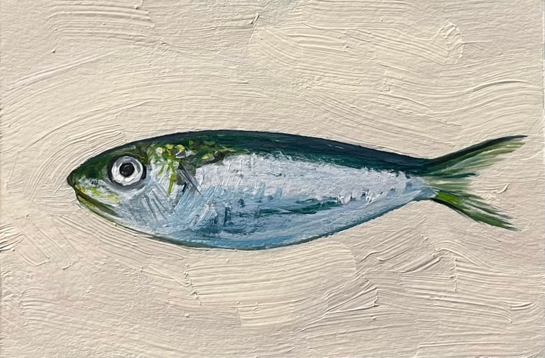 Sardine Painting 4x6, Original Painting, Small Fish Still Life Kitchen Art, 4x6 oil on paper image 3