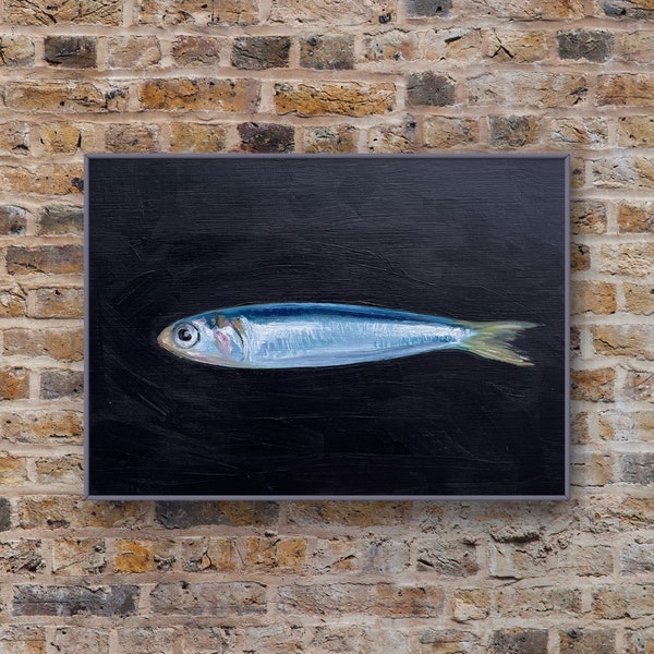 Sardine Painting, Original Painting, Small Fish Still Life Kitchen Art, 5x7 oil on paper