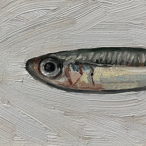 Sardine Painting 5x7, Original Painting, Small Fish Still Life, Kitchen Art, oil on canvas panel image 3