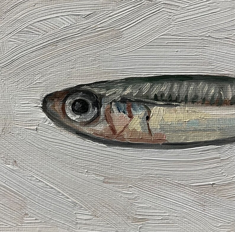 Sardine Painting 5x7, Original Painting, Small Fish Still Life, Kitchen Art, oil on canvas panel image 3