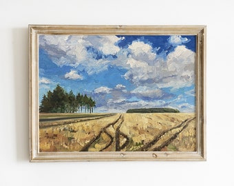 Original 6x8" Oil Painting, Landscape Field with Tire Marks, Oil on Panel, Hand Painted