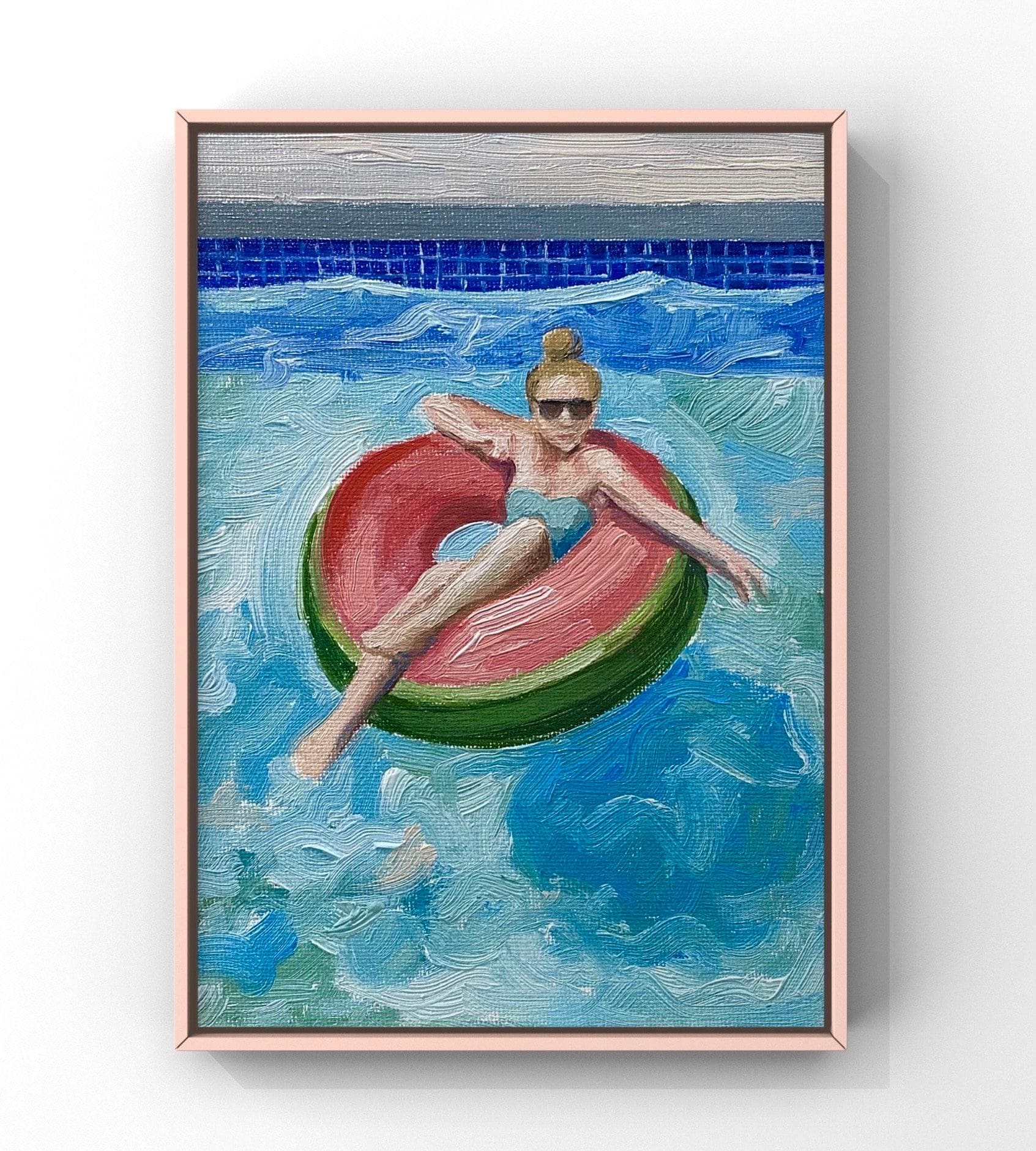 オリジナル油絵、ピンクの浮き輪に浮かぶ女性、夏のプールサイドの壁画
