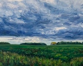 Landscape Painting, Billowing Clouds, Original Oil Painting, Farmland, 9x12 oil on paper