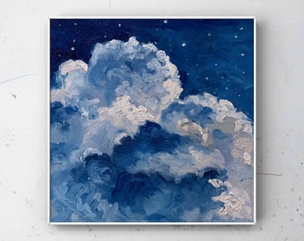 Whimsigoth Moody Decor, Peinture céleste, Art mural original, Étoiles et nuages nocturnes, Cadeau pour elle, huile 6x6 sur panneau