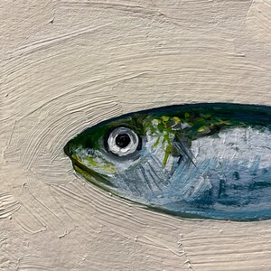 Sardine Painting 4x6, Original Painting, Small Fish Still Life Kitchen Art, 4x6 oil on paper image 2