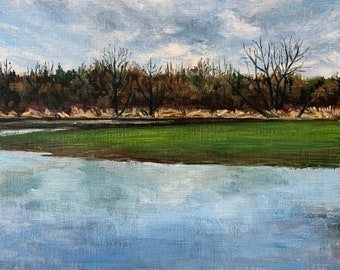 Landscape Wall Art, Original Oil Painting, Spring Fields, Puddles Reflections, 8x10 inches