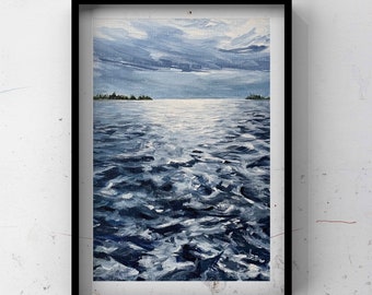 Peinture à l'huile originale, paysage de lac orageux, huile sur papier, 8x10in