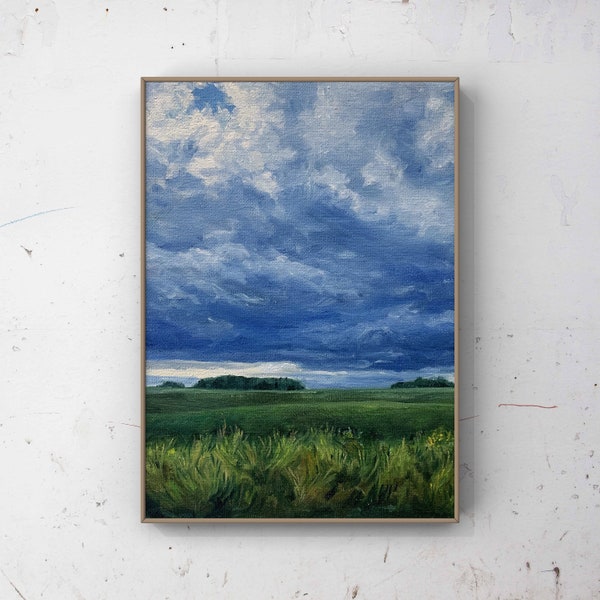 Landscape Painting, Billowing Storm Clouds, Original Oil Painting, Farmland, 8x10in oil on canvas