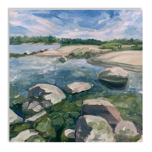 Landscape Oil Painting 8x8&quot;, Rocky Lake Shore, Original Artwork, Oil on Canvas