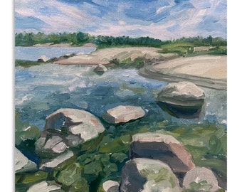 Landscape Oil Painting 8x8&quot;, Rocky Lake Shore, Original Artwork, Oil on Canvas