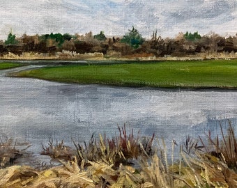 Landscape Wall Art, Original Painting, Spring Fields, Oil on Paper, 5x7 inches