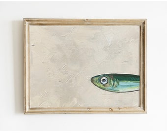 Sneaky Sardine Painting, Original Oil Painting, Kitchen Art, 5x7 oil on canvas panel