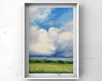 Earth Tone Landscape, Painted Field and Clouds, Farmhouse Style Original Artwork, 5x7 inches, oil on paper
