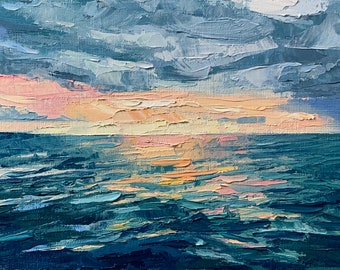 Peinture abstraite à l’huile de l’océan au coucher du soleil sur panneau de bois, petite texture moderne originale peinture de paysage côtier, 5x7 pouces d’art mural décoration intérieure