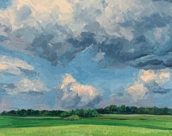 Original Hand Painted Art, Windy Painted Clouds, Spring landscape, 8x10 inches, acrylic on panel