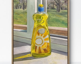 Peinture originale de nature morte, savon à vaisselle, huile sur panneau de toile 9 x 12"