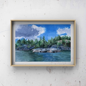 Pittura paesaggistica del lago, nuvole fluttuanti, pittura a olio originale, vita in cottage, olio su tela da 8x8 pollici