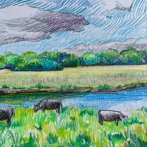 Vaches dans le champ, Pas une impression, Dessin original, Paysage Illustration Champs Étang et vaches, Art original sur papier, 5x7in image 9