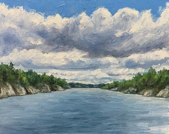 Landscape Painting Original, Oil on Canvas Panel, Lake and Clouds, Cottage life, 8x10 inches