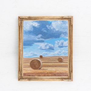 Landscape Painting 6x8inches, Billowing Clouds Hale Bales, Original Oil Painting