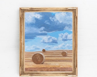 Landscape Painting 6x8inches, Billowing Clouds Hale Bales, Original Oil Painting