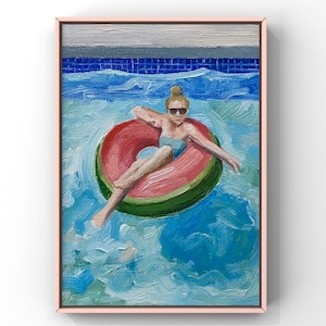 Original Oil Painting, Woman Floating Pink Ring, Summer Swimming Pool Wall Art, 6x8 oil on panel