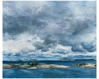 Lake Painting, Billowing Clouds, Original Oil Painting, Cottage life, 8x10in oil on canvas