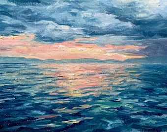Coucher de soleil artistique, cadeau pour elle, peinture à l'huile originale, 5x7 sur papier Arches.