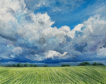 Earth Tone Landscape, Painted Field and Clouds, Farmhouse Style Original Artwork, 8x10 inches, acrylic on panel