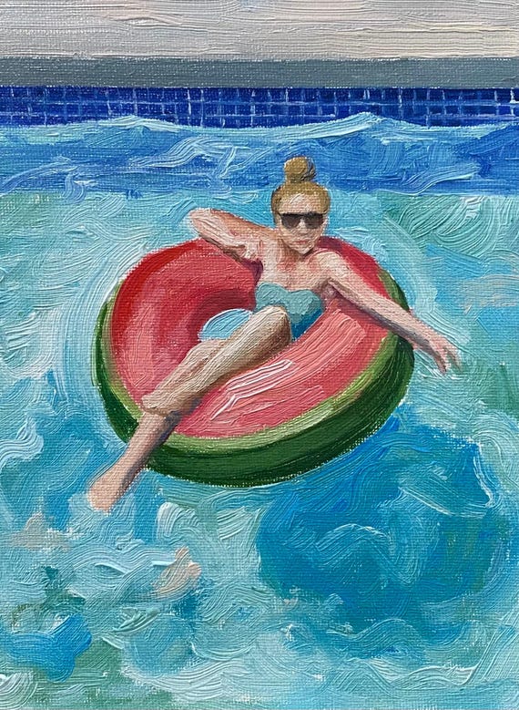 抽象的な油彩画 女性の姿浮遊 オリジナル油絵、ピンクの浮き輪に浮かぶ女性、夏のプールサイドの壁画