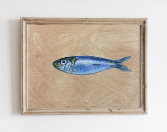 Original Sardine Painting, Silver Minnow, Small Fish Still Life, Kitchen Art, 5x7 oil on paper