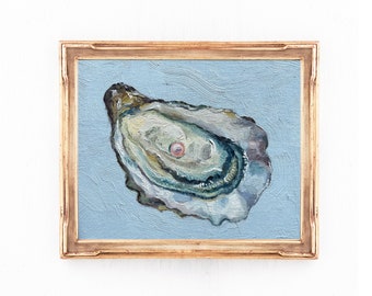 Oyster Painting, Original Oil Painting, Seafood Still Life, Kitchen Art, 6x8” oil on canvas panel, Cottagecore French Style