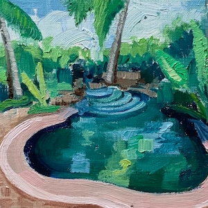 Opera contemporanea ORIGINALE, Giungla astratta, Piccolo dipinto, Piscina e piante, olio su carta 5x6