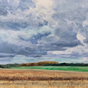 Peinture de paysage, Nuages tourbillonnants, Peinture à l’huile originale, Terres agricoles, huile sur papier 9x12