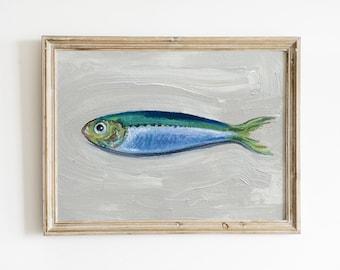Pittura sardina dipinta a mano, opere d'arte originali, natura morta di piccoli pesci, arte della cucina, olio 5x7 su carta
