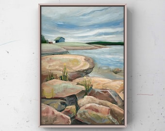 Landscape Painting 9x12”, Gift for Cottage, The Blue Cabin, oil on thin canvas panel, original painting, interior decor wall art